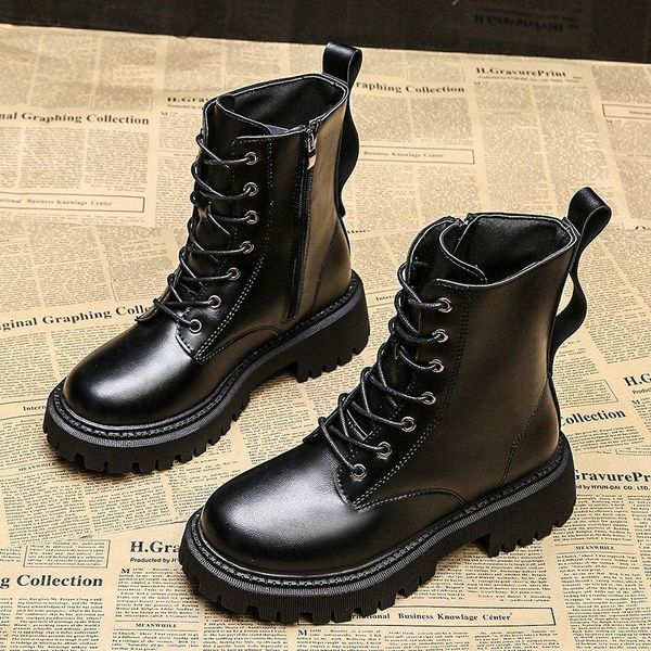 

boots leather women's autumn winter 2021 british style versatile thick bottom handsome motorcycle fashion, Black