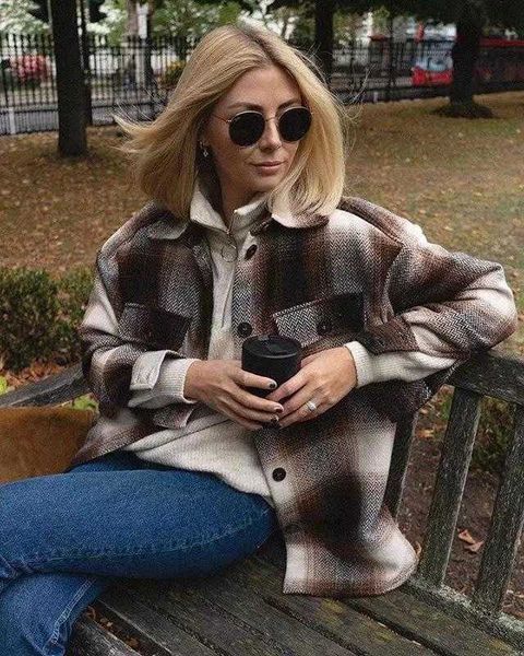 

women's blouses & shirts autumn/winter fashion trend plaid baggy medium and long hair shirt 50oj, White