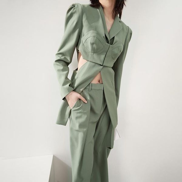 

women's two piece pants hollow out sets for women notched long sleeve blazer high waist female fashion casual loose set, White