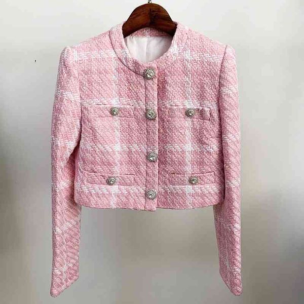 

european and american catwalk high-quality diamond buckle pink tweed jacket, Black