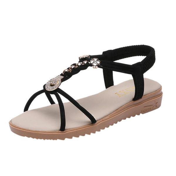 

women ohemian beaded clip toe open elastic beach casual solid sandals anti skidding outdoor everyday round head shoes, Black