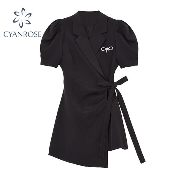 

women high waist lace up+bow brooch black suit dress summer puff short sleeve irregular design office female mini dresses 210430, Black;gray