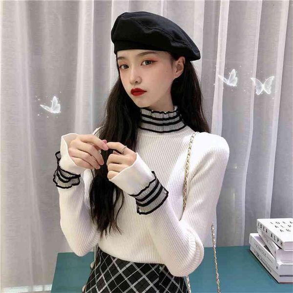 

spring and autumn korean white long sleeve pullover sweater female slim western bottoming 210427, White;black