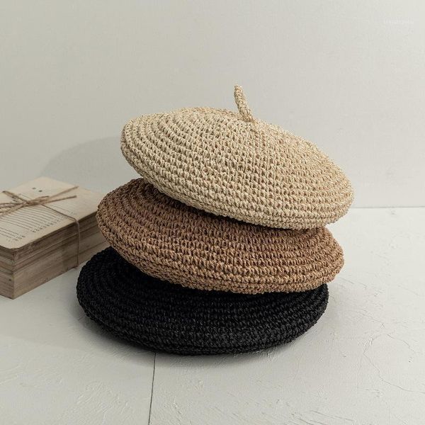 

handmade women berets female straw hats for spring autumn girl flat cap knit black beret, Blue;gray