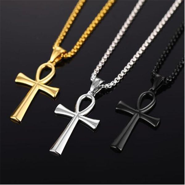 

pendant necklaces 6pcs/lot religion egyptian ankh crucifix 2021 pendants stainless steel symbol of life cross chain jewelry gifts, Silver