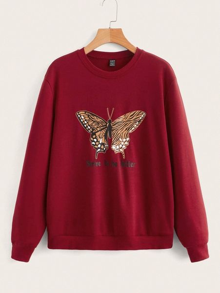 

butterfly and slogan graphic drop shoulder pullover d0le#, White;black