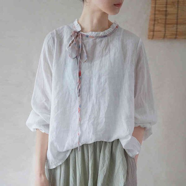 

johnature women vintage ramie t-shirts solid color summer long sleeve casual tees female clothes loose tshirts 210521, White