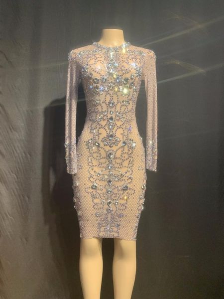 

casual dresses stage fashion silver rhinestones see through dress prom party mesh outfit women dance birthday celebrate, Black;gray