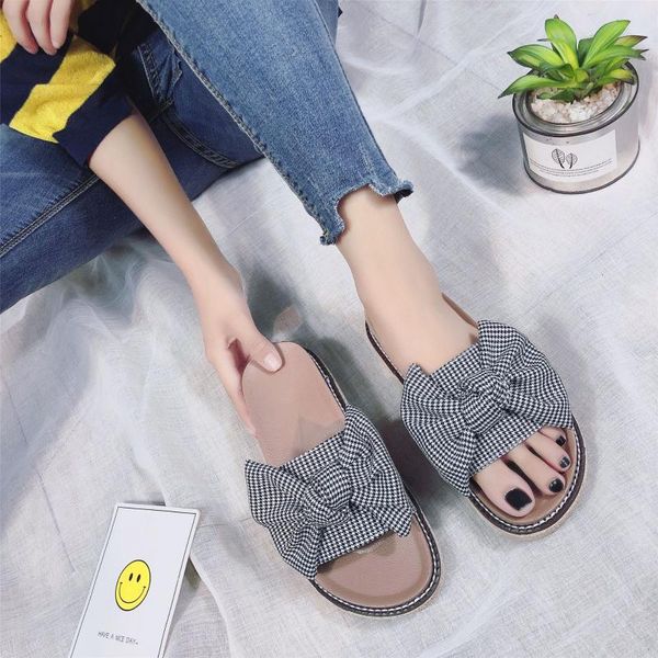

slippers open toe outside women summer sweet concise flat slides solid butterfly-knot shoes, Black