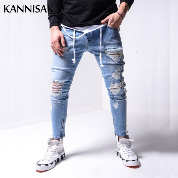 

men's jeans men 2021 ripped skinny denim pants streetwear solid blue fashion male clothing full length trousers distressed pencil pant