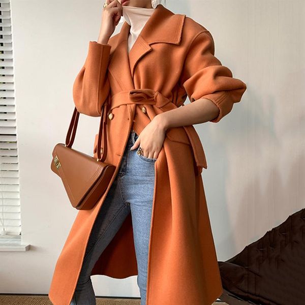 

women's wool & blends belt loose fit orange long woolen coat parkas notched sleeve women fashion tide autumn winter 2021 1dd4071, Black