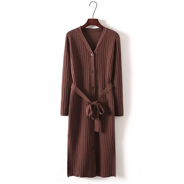 

black brown knitted sheath bodycon full sleeve long v neck midi dress button autumn winter sash d0834 210514, Black;gray