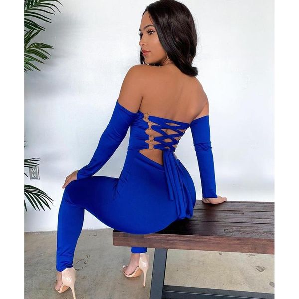 

women's jumpsuits & rompers knitted off shoulder long sleeve jumpsuit women lace up hollow out elegant spring winter sexy, Black;white