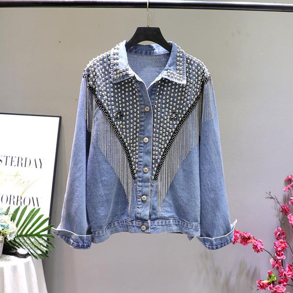 

women's jackets autumn denim women 2021 rivet tassel chain short woman jacket loose streetwear long sleeve black coats outerwear, Black;brown