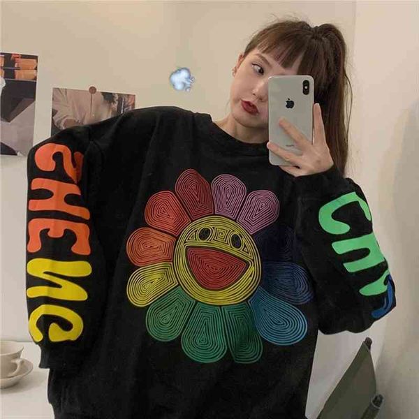 

harajuku women sweatshirt kawaii korea sun flower smile face print o neck long-sleeve oversize hoodie pullover streetwear, Black