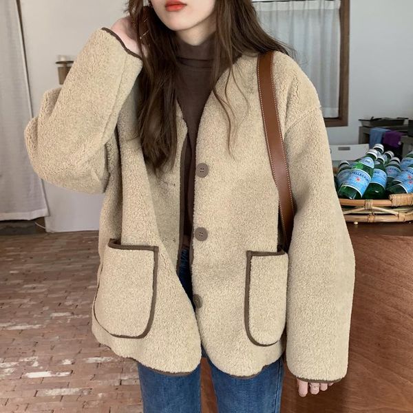 

chic jacket female korean version loose round neck button cardigan pocket long-sleeved coats fall 2021 women winter jackets women's, Black;brown