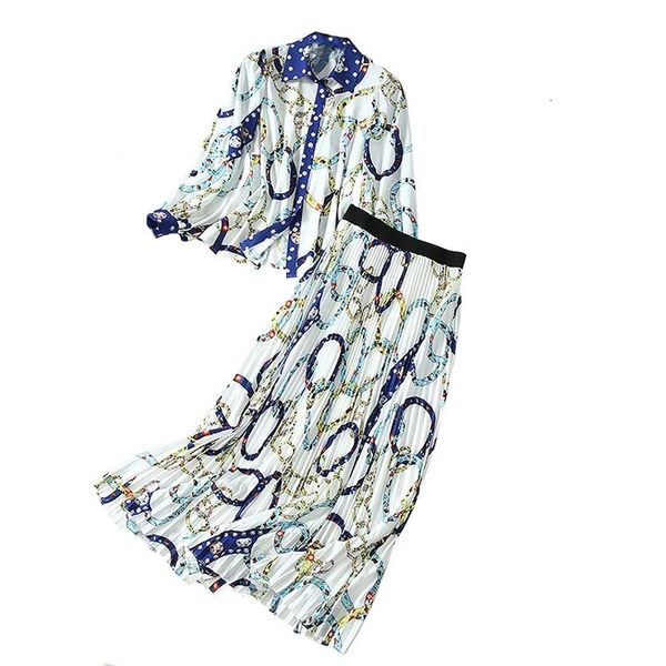 

two piece dress european and american catwalk high-quality printed shirt + pleated skirt suit m38b, White