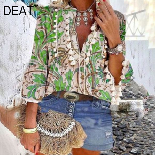 

[deat] summer new fashion tide v-neck long sleeve drawstring printing loose elegant bohemian style shirt women 13q010 210430, White