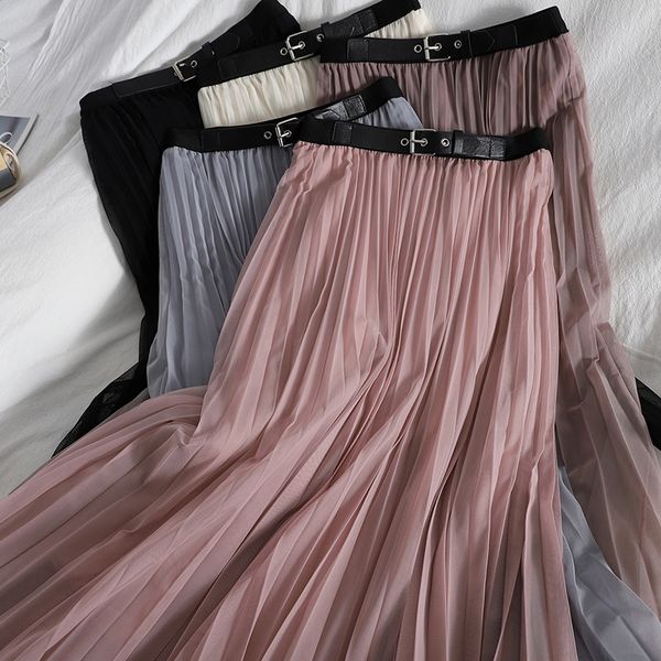 

korean fashion midi long pleated mesh skirt with belt summer high waist slim casual long s for women clothes 210420, Black