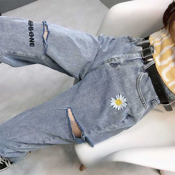 

women's jeans autumn small daisy embroidery high waist korean straight loose holed harem capris, Blue