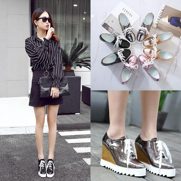 

dress shoes korean star shoes, the same kind of muffin women's thick sole single fashionable lace up, Black