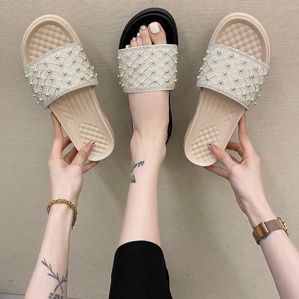 

slippers shoes woman 2021 flat pantofle med platform string bead summer slides fabric pu slippe, Black