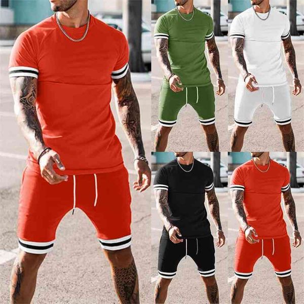 

2021 new men's summer splicing short sleeve shorts suit sportswear, Gray