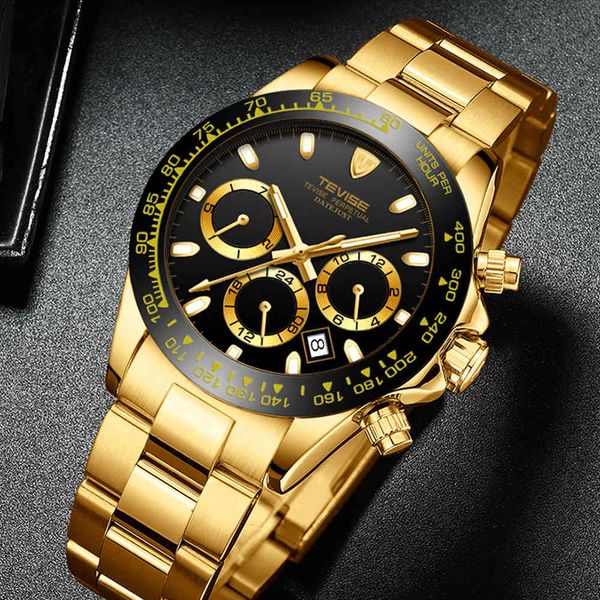 

tevise brand luxury men's watches golden steel automatic mechanical random men's clock relogio masculino, Slivery;brown