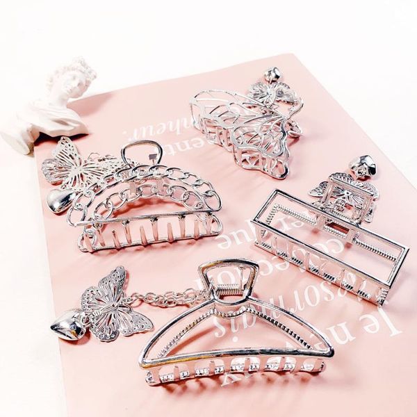 

women korean simple metal hollow out hair claw geometric silver color hairpin fashion girls accessories