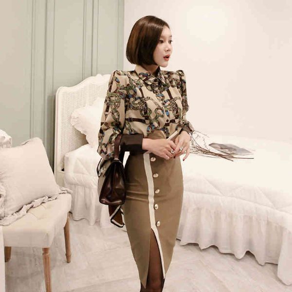 

designer clothing 2 piece sets spring autumn fashion skirt suit women vintage print shirt+pencil 210514, White