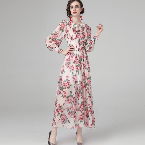 

women's runway dresses o neck long sleeves floral printed elegant fashion autumn prom gown, Black