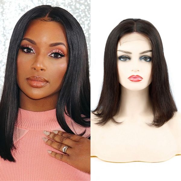 

brazilian straight short bob human hair wigs natural black color 4x4 lace pre plucked 150% remy closure wig, Black;brown