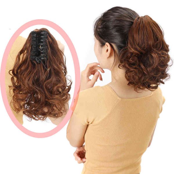 

wave fluffy big hair wig horsetail pear curly short claw clip ponytail, Black;brown