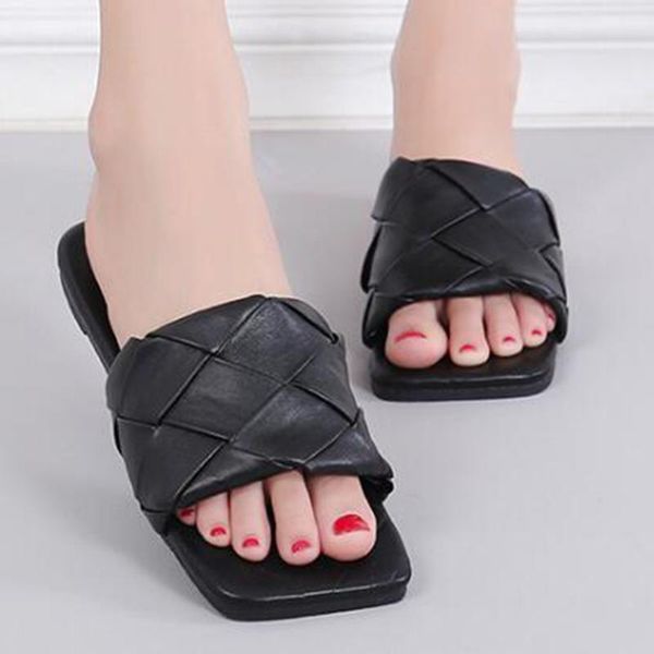 

slippers women 2021 summer flat fashion woven non slip flip flops female square head casual outdoor beach sandals fa355, Black