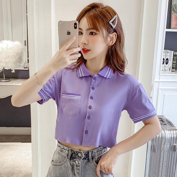 

women's blouses & shirts coigarsam preppy style striped shirt womens summer short sleeve knitting women white purple blue 8066