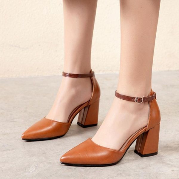 

dress shoes elegant ankle strap women buckle pointed toe pumps square high heels party lady wedding, Black