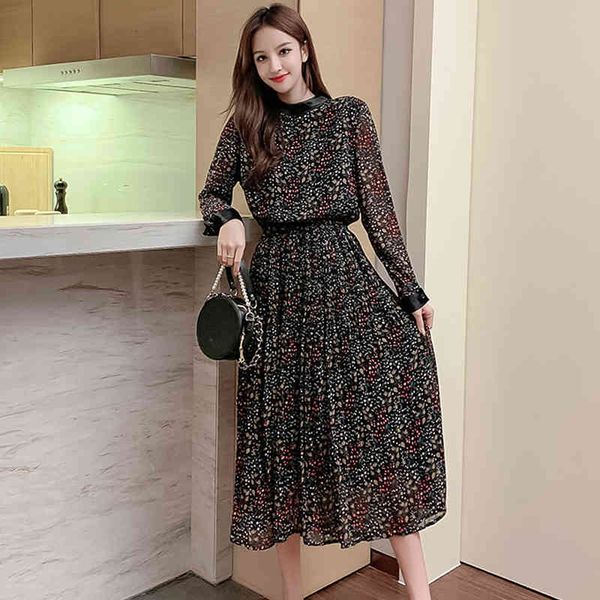 

casual dresses autumn and winter floral chiffon dress female long french style waist slimming a-shaped big swing skirt 2a7l, Black;gray