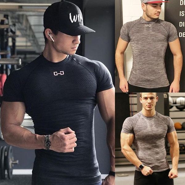 

men's running sports training t-shirt high elasticity breathable quick-drying short-sleeve round neck tights t-shirts, White;black
