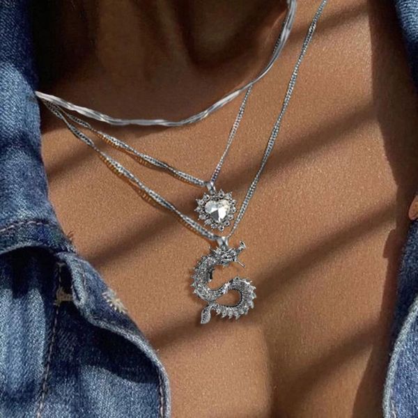 

chains punk heart crystal dragon pendant lnake chain necklaces for women multilayer silver color metal twisted link gothic jewelry gift