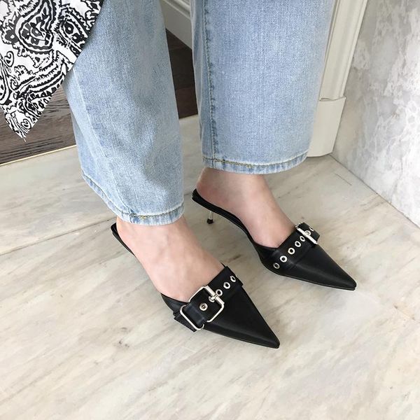 

slippers fashion pointed toe rivet mules shoes thin low heels belt buckle design black white women