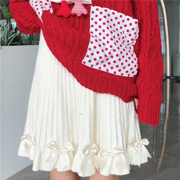 

skirts kawaii fashion vintage knitted mini women lolita school soft girl cute lace bow high waist winter pleated short uxu9, Black