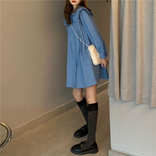

casual dresses fonely fairy preppy autumn style temperament playful big lapel doll shirt dress, Black;gray