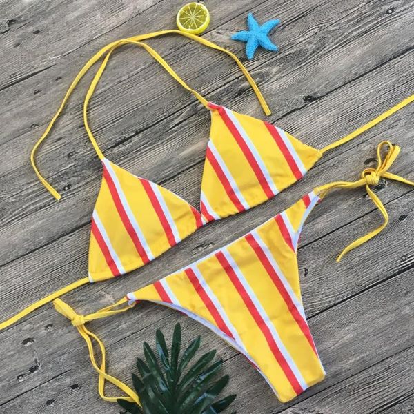 

women's swimwear striped printed bikini halter sling push-up swimsuit casual sports beachwear, White;black