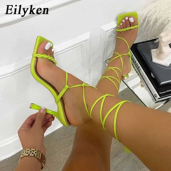 

eilyken ladies fashion ankle lace-up sandals woman summer square open toe stilleto heels party shoes size 35-42 y0721, Black