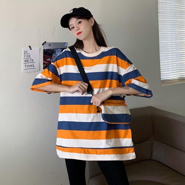 

niche design sense summer dress ins super fire port style striped short-sleeved t-shirt female trend student women's, White