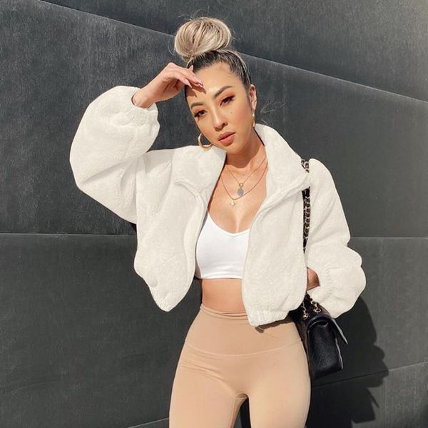 

women winter plush coat jackets turtleneck zipper fashion cardigan sweatshirt long lantern sleeve streetwear blusas women's, Black;brown