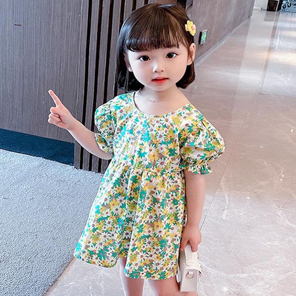 

girls dress 2021 summer children floral princess short sleeves bowknot casual kids vacation dresses girl's, Red;yellow