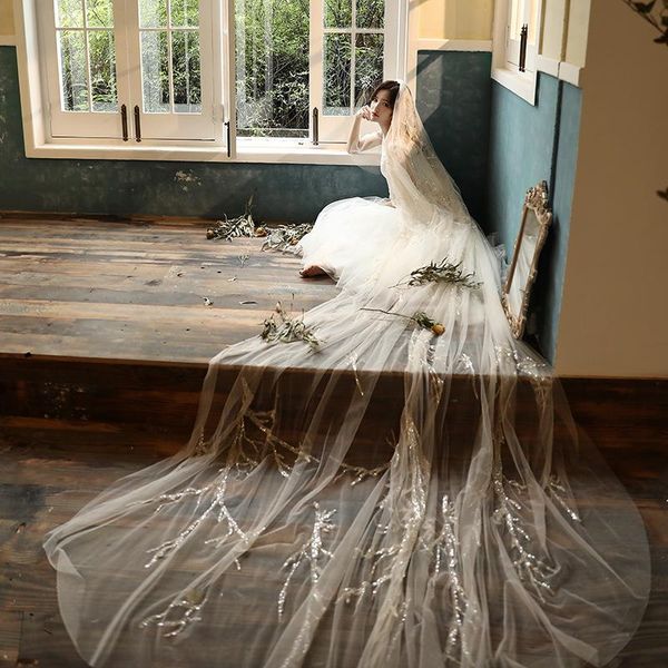 

bridal veils popodion wedding accessories 4 meters long veil sequin with comb was10161, Black