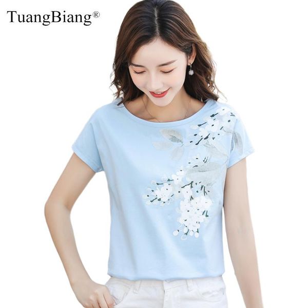 

summer 2021 loose flowers printing cotton tshirts femme fashion o-neck short sleeve blue t-shirt women pink white plus size women's