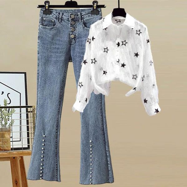 

women's two piece pants 2021 women spring fashion suits female long sleeve print chiffon shirts ladies high waist flare jeans two-piece, White